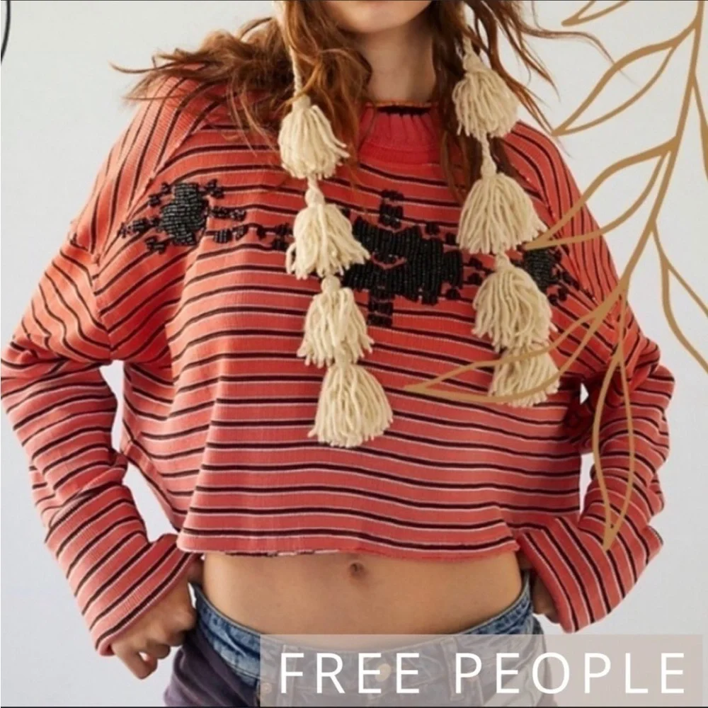 Free People Avalanche Long Sleeve Striped Beaded Tee Top